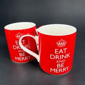 Kent Pottery Eat Drink and Be Merry Coffee Mugs Red White Crown Set of 2 Cups